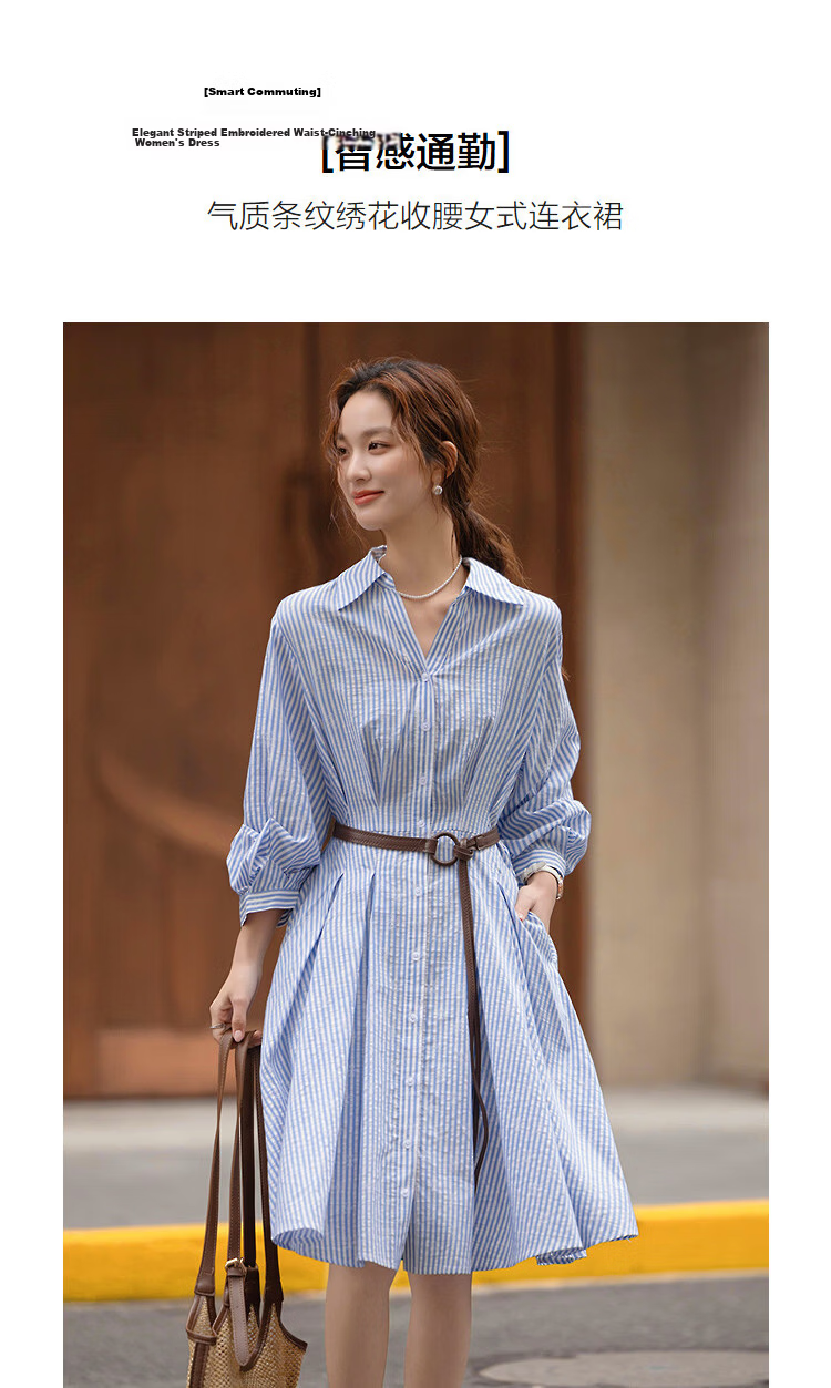 Demana [Lyocell Cotton Blend] Spring Smart Commuter Striped Embroidered Half-Sleeve Waist-Cinched A-Line Women's Dress 5