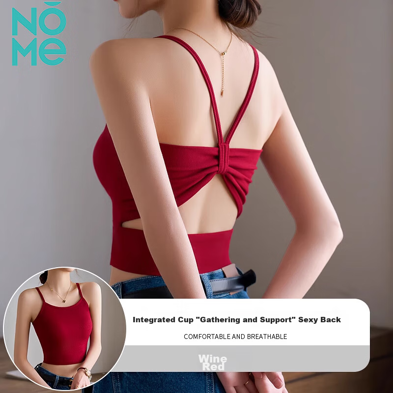 NOMe 2026 Summer Women's Spaghetti Strap Butterfly Back Integrated Bra Short Top Wine Red S