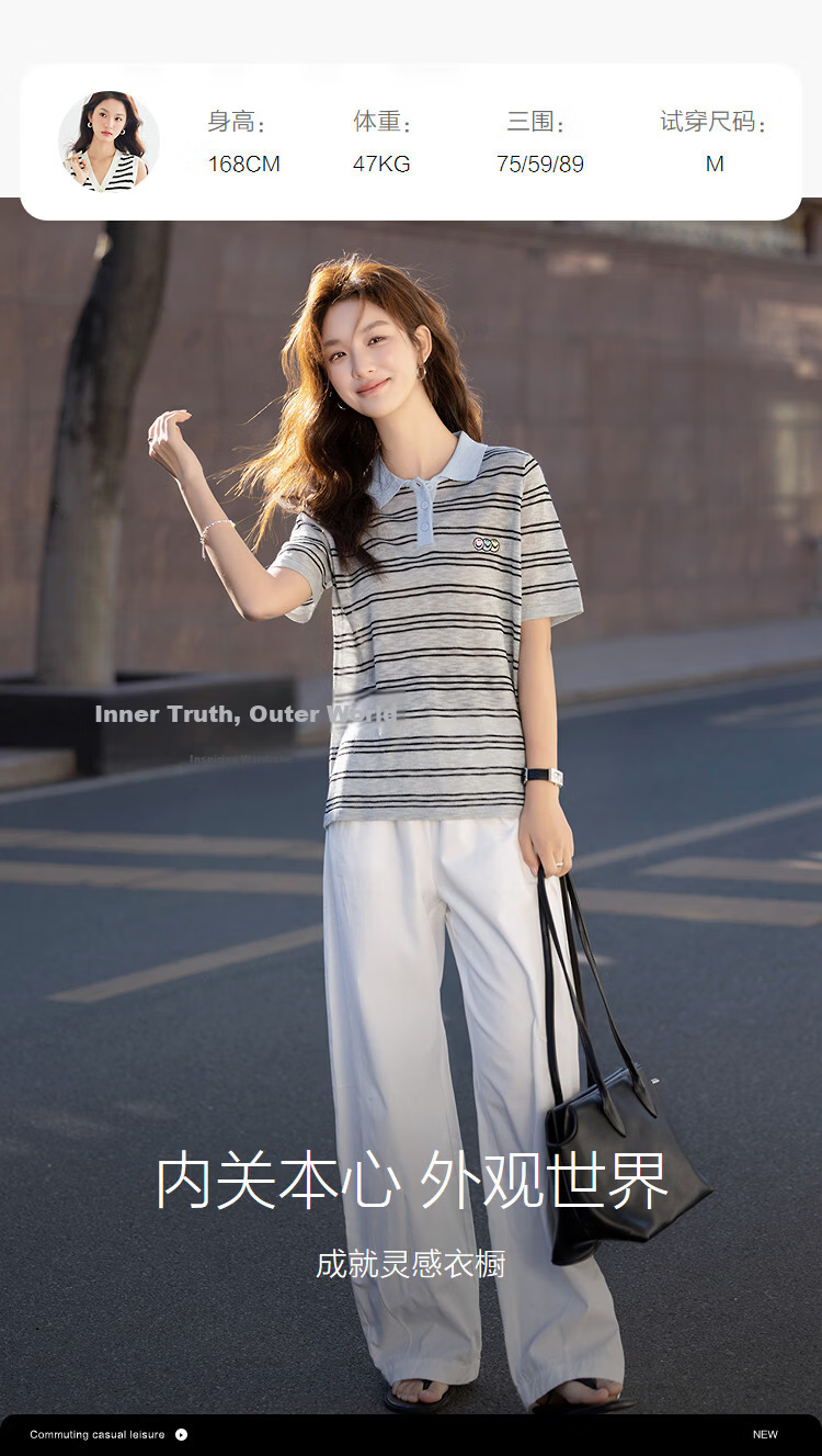 Demana [Smart Academy] Summer Retro Colorblock Polo Collar Striped Embroidered Slimming Concealing Knit Short Sleeve Top for Women Premium 8