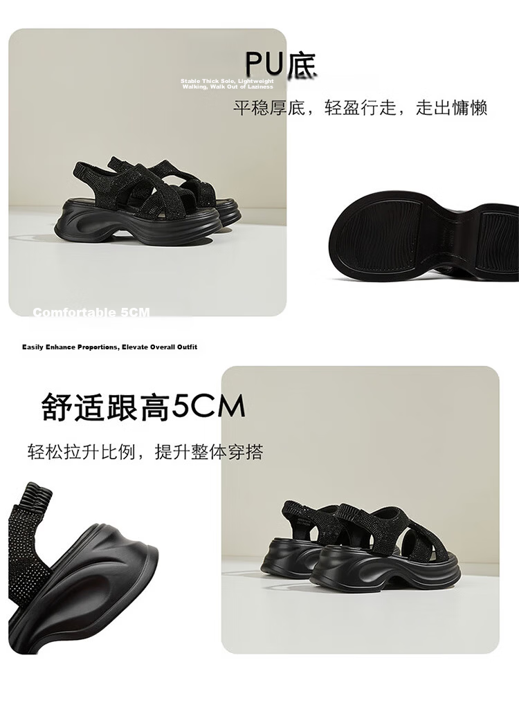 Daphne Women's Sandals Thick Sole Fashion Rhinestone Height Increasing Slim Comfortable Lightweight Beach Shoes Elastic Band Black Size 38 7