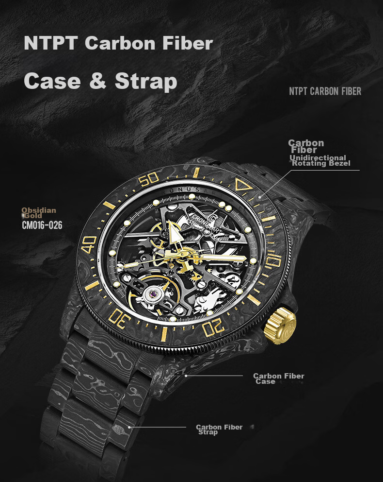 CRONUSART Kluos Full Carbon Fiber Men's Automatic Mechanical Watch Business Hollow Luminous Wristwatch 4