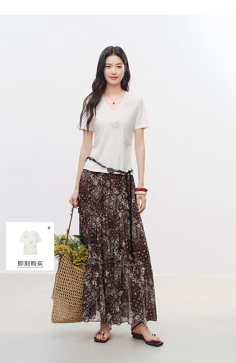 Yixiang Liying Coffee Color Floral Print Women's Skirt 2026 Summer Vacation Style Mesh A-line Skirt Vintage Coffee 155/58A/S 23
