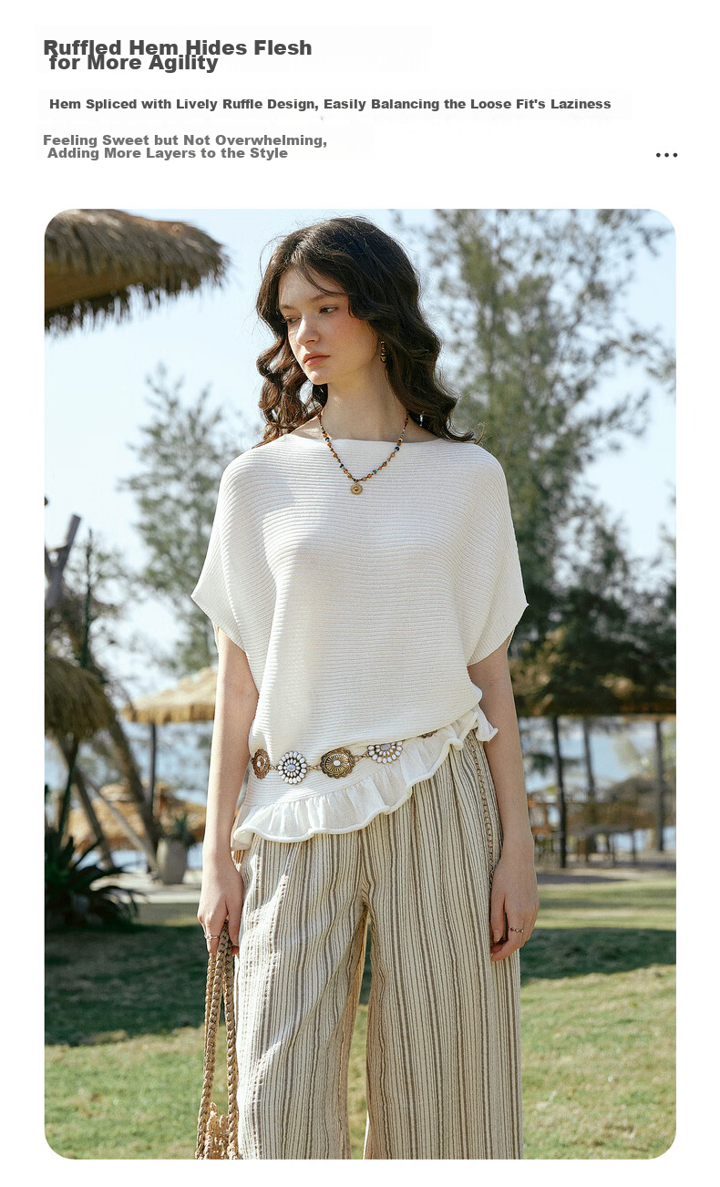Olrain Women's Summer Off-Shoulder Ruffle Hem Loose Fit Commuter Short Sleeve Knit Top White S 4