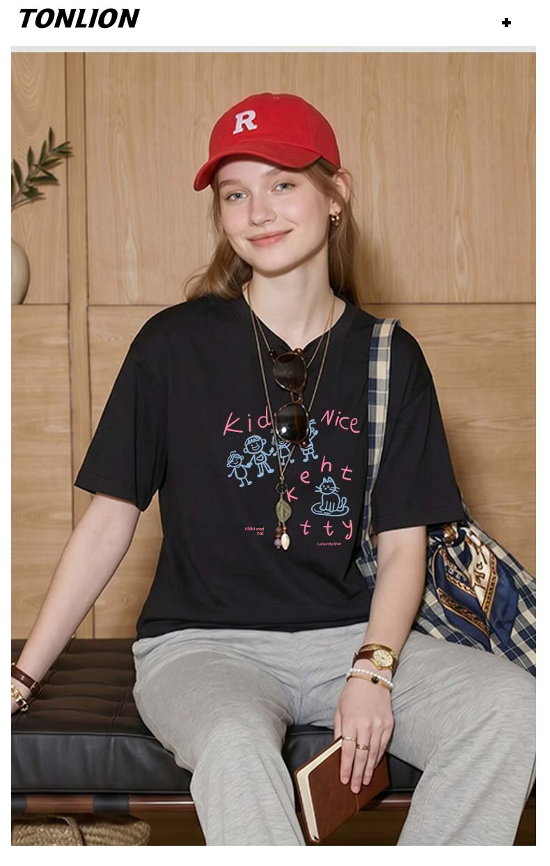 TonLion Women's Short Sleeve T-Shirt Summer Cotton Simple Korean Style Trendy Casual Loose Fit Basic Round Neck Tee 17