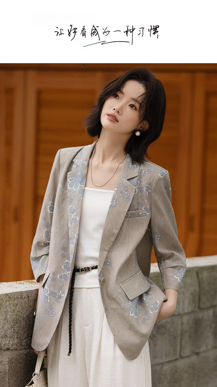 Demana Luxury Linen Spring Elegant Notched Lapel Single Button Flap Pocket Pleated Three-Quarter Sleeve Women's Blazer 1