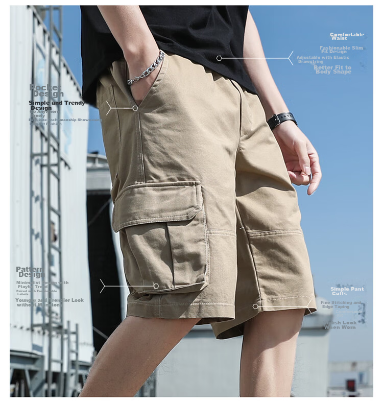 TUCANO Men's Summer Cotton Comfortable Multi-Pocket Cargo Shorts Skin-Friendly Sports Five-Point Pants Black 2XL 5