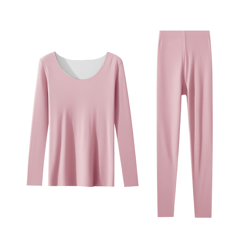 LangSha Women's Thermal Underwear Thin Round Neck Wool and Silk Reversible Double-Sided Fleece Autumn Top and Bottom Set