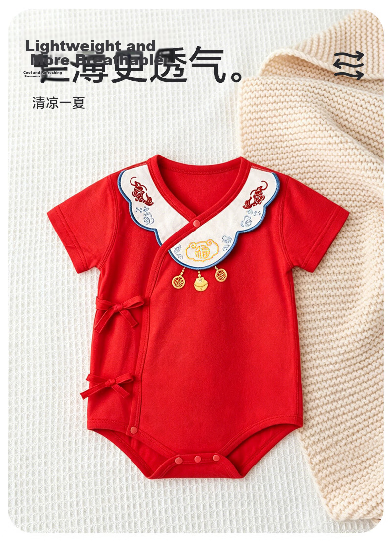 Babyprints Newborn Red Cotton Short Sleeve Romper Baby 100 Days Clothes Traditional Chinese Style Triangle Jumpsuit Size 73 2