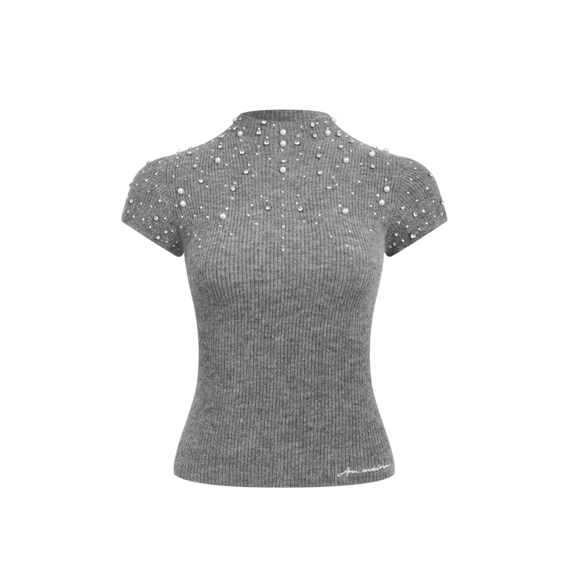 ANN ANDELMAN Galaxy Series Pearl and Diamond Embellished Semi-Turtleneck Short Sleeve Knit Top Fashion Slim Fit Gray XS