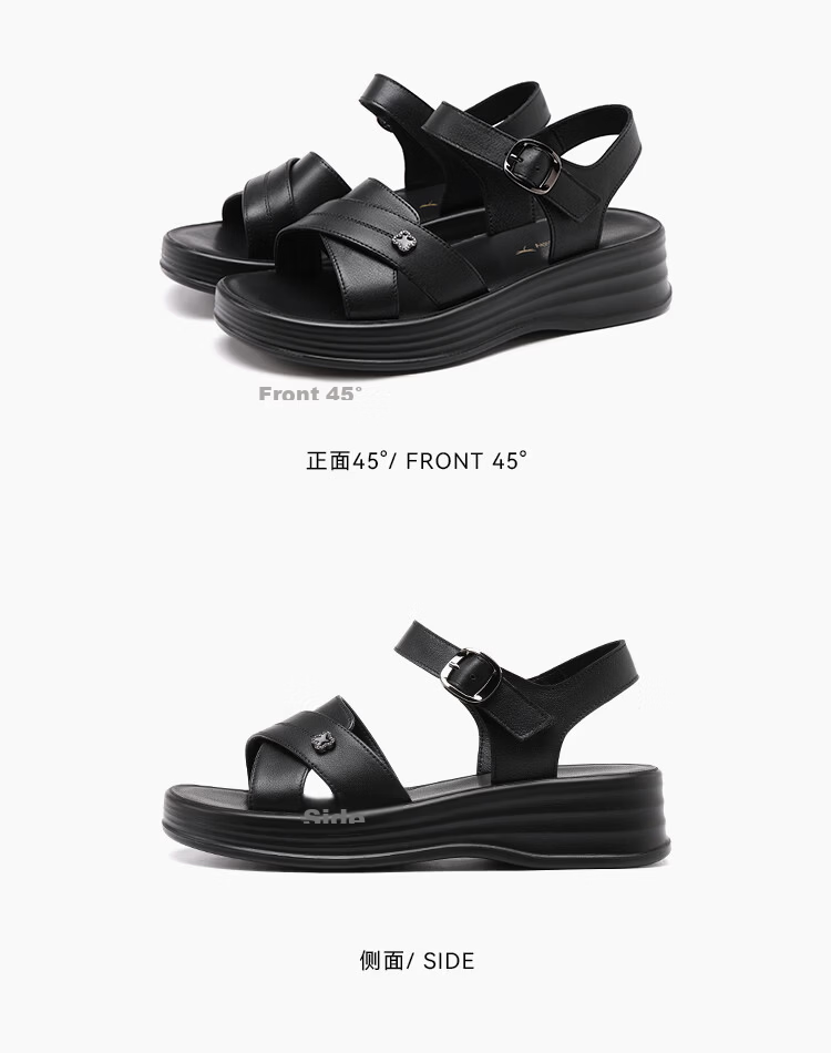 Red Dragonfly Women's Summer Sandals Thick Sole Cowhide Soft Sole Mom Shoes Middle-aged and Elderly Commuter Beach Shoes WTK265001 Black Size 37 12