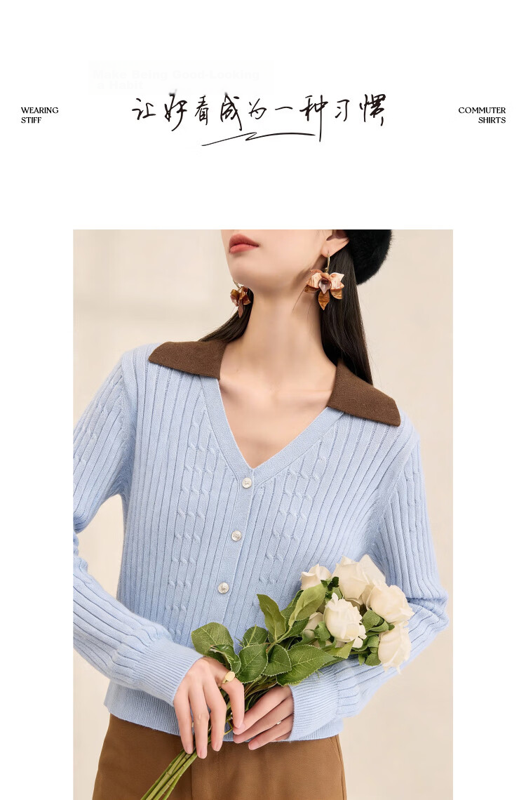 Demana [with Fluffy Tencel] Spring Elegant V-Neck Contrast Color Cable Knit Soft Stretch Women's Sweater 10
