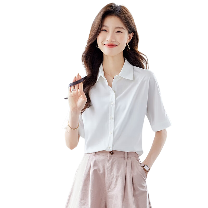 JEANSWEST Women's Summer Short Sleeve Solid Color Professional Casual Shoulder Fashion Formal Shirt White M