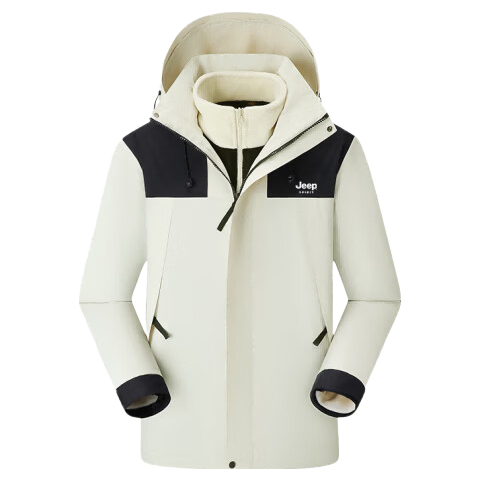 JEEP SPIRIT Men's Windbreaker, Autumn And Winter Color-Block Sports Jacket, Three-In Mountaineering Suit, Ivory White [Three-In] S