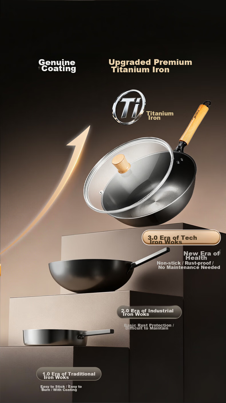 Midea Titanium Flame Non-Stick Iron Wok Stir-Fry Pan No-Coating Household Gas and Induction Cooker Compatible Pan 7