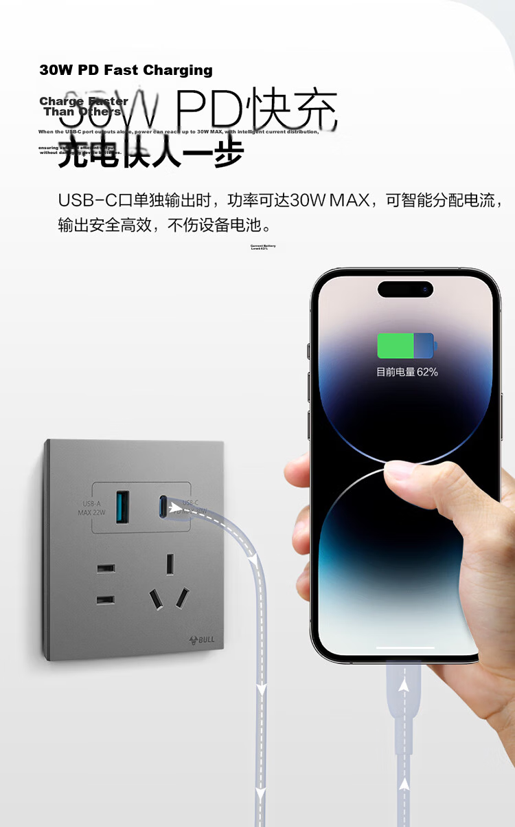 BULL Switch Socket Butterfly Ultra-thin Series 10A Angled Five-hole Socket G57Z223A Distant Mountain Gray Pack of 10 12