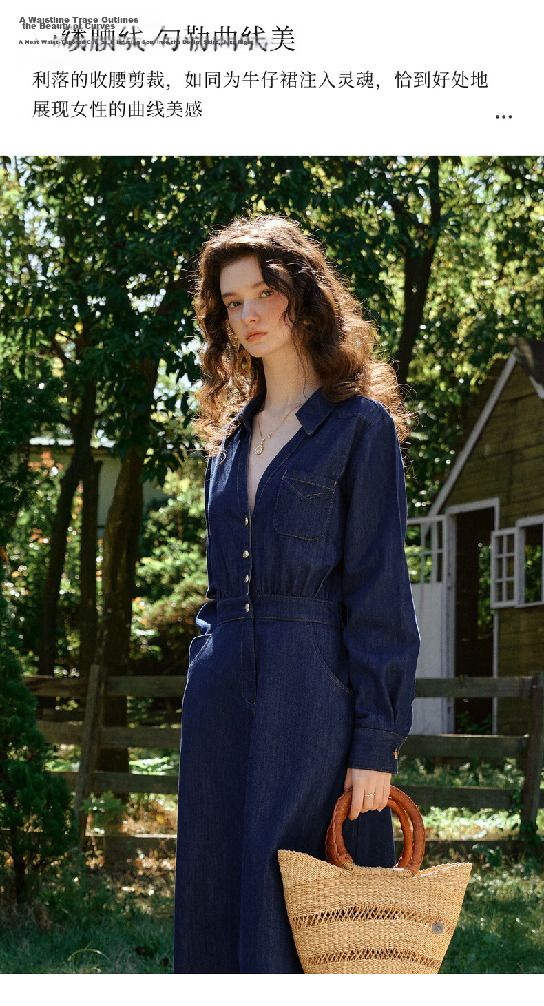 Olrain Vintage V-Neck Waist-Cinched Denim Long Sleeve Dress for Women Spring Shirt-Style Long Dress Denim Blue M 8