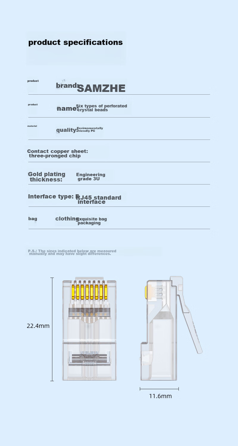 SAMZHE Category 6 Straight-Through Punch-Down Crystal Head, 8P8C Gold-Plated Gigabit Network Connector, RJ45 Cable Plug, CAT6 Through-Hole Crystal Head, 30 Pieces, CKT630 14