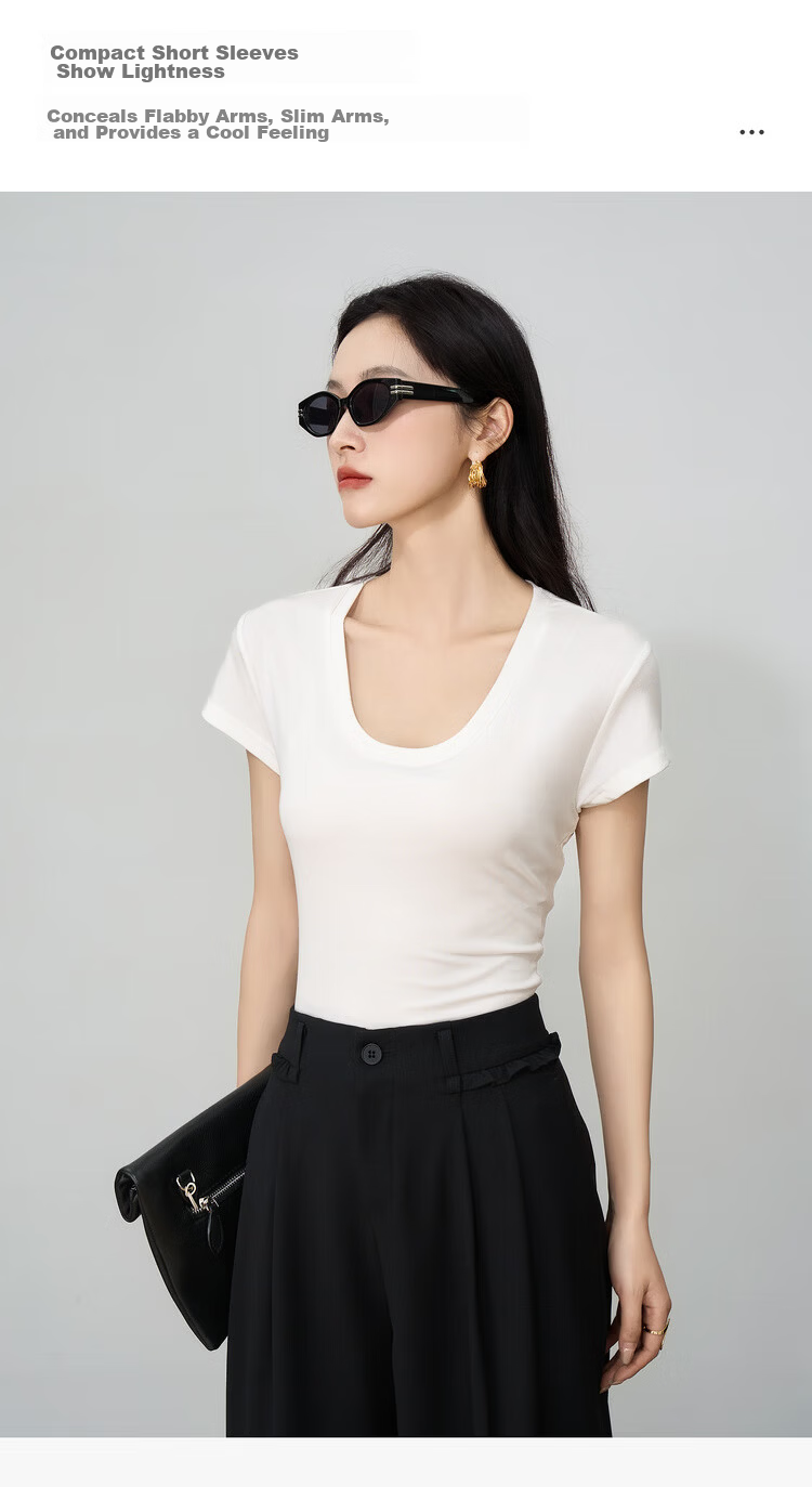 Olrain White U-Neck Slim Fit Short Sleeve T-Shirt for Women Summer Petite Top White L 6