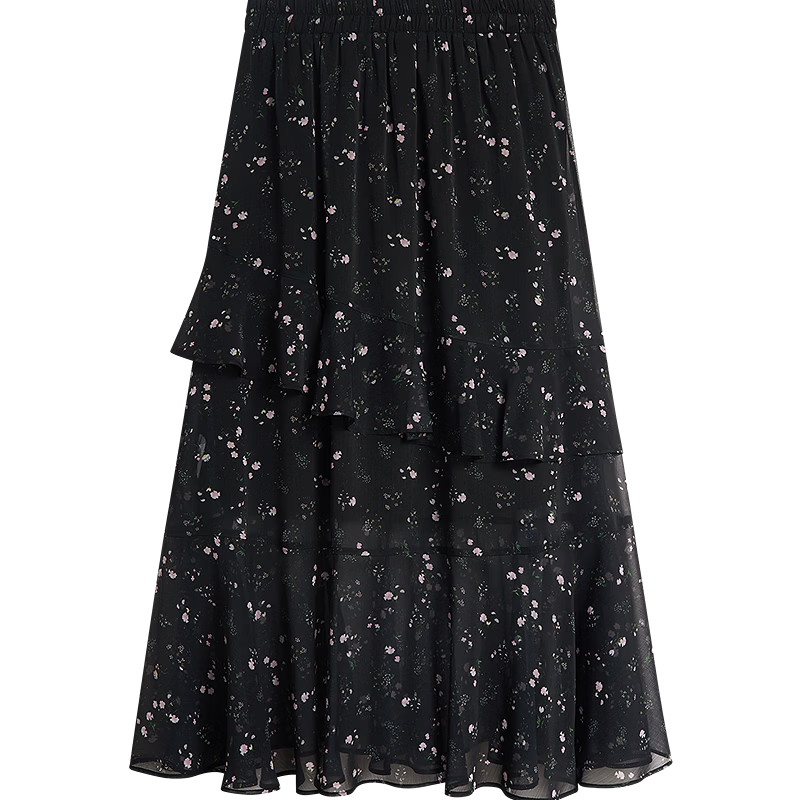 INMAN Ruffled Patchwork Floral Midi Skirt 26 Summer Women's New Elastic Waist Irregular Long Skirt Black M
