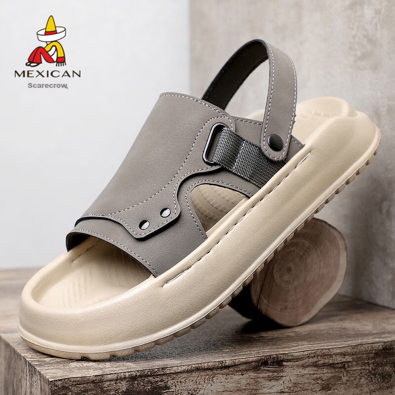 MEXICAN Spring Summer New Men's Leather Sandals Beach Shoes Dual-Wear Breathable Gray 38