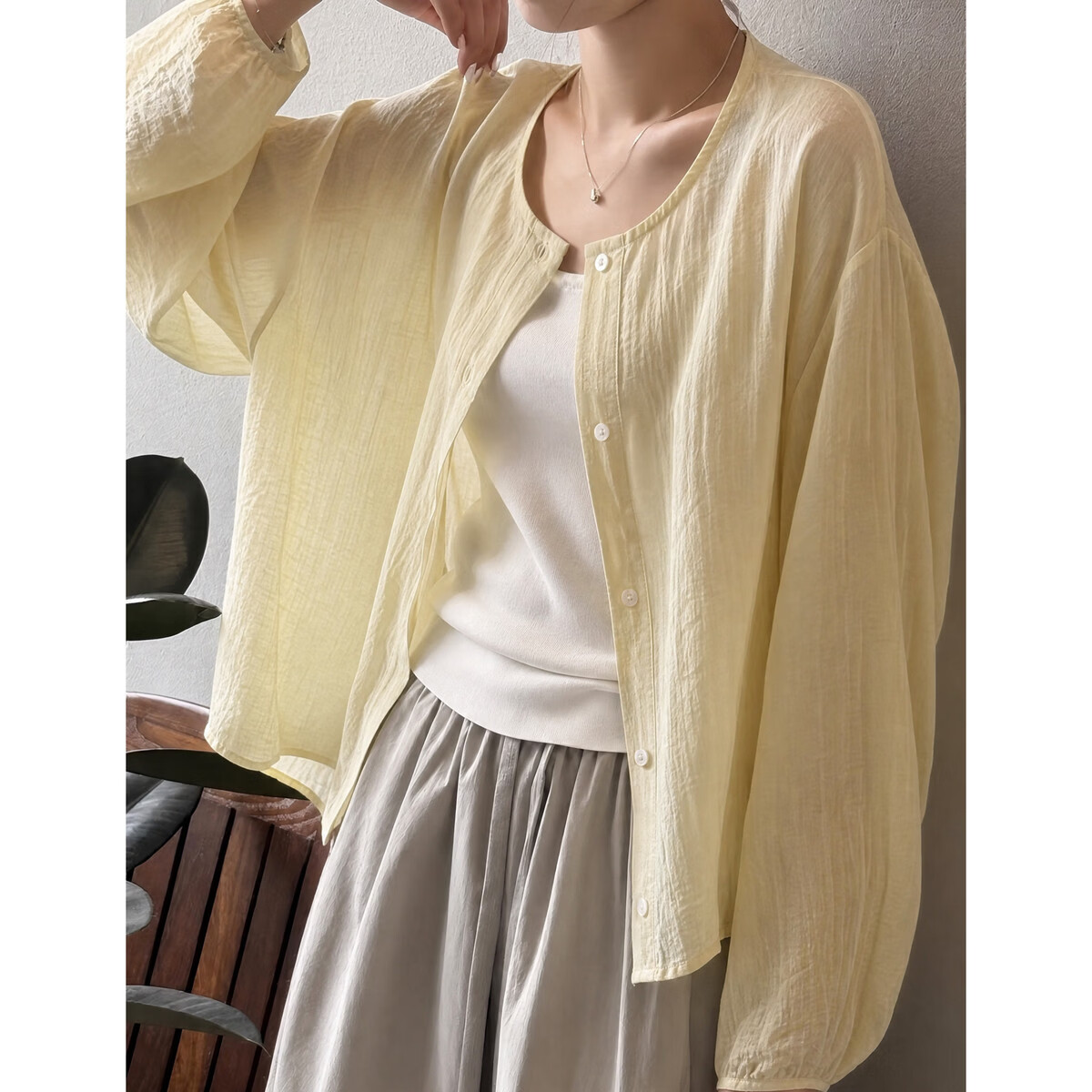 Demana Low Saturation Pastel Series Autumn Simple Style Round Neck Long Sleeve Cardigan Loose Short Petite Women's Shirt
