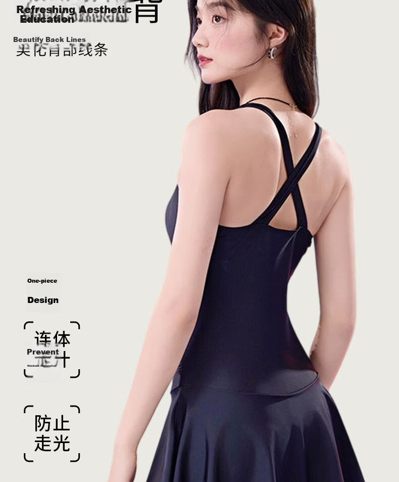 LangSha Women's Black One-Piece Swimsuit Skirt Slim Fit High Elasticity Conservative Anti-Exposure Beach Hot Spring Wear 9