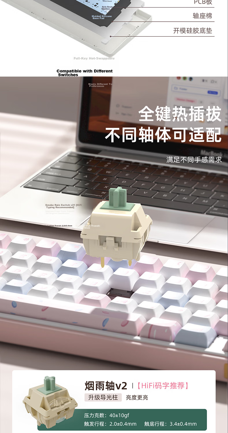 RK R65 Tri-Mode Custom Mechanical Keyboard Wireless 2.4G Wired Bluetooth Silent Switch Hot-Swappable Gasket Structure 66-Key Gaming Ice Cream Peach Switch V3 5