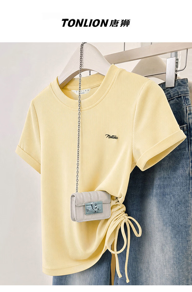 TonLion 2026 Summer Women's Drawstring Mid-Length Short Sleeve T-Shirt Solid Color Slim Fit Stylish Versatile Premium Feel 2