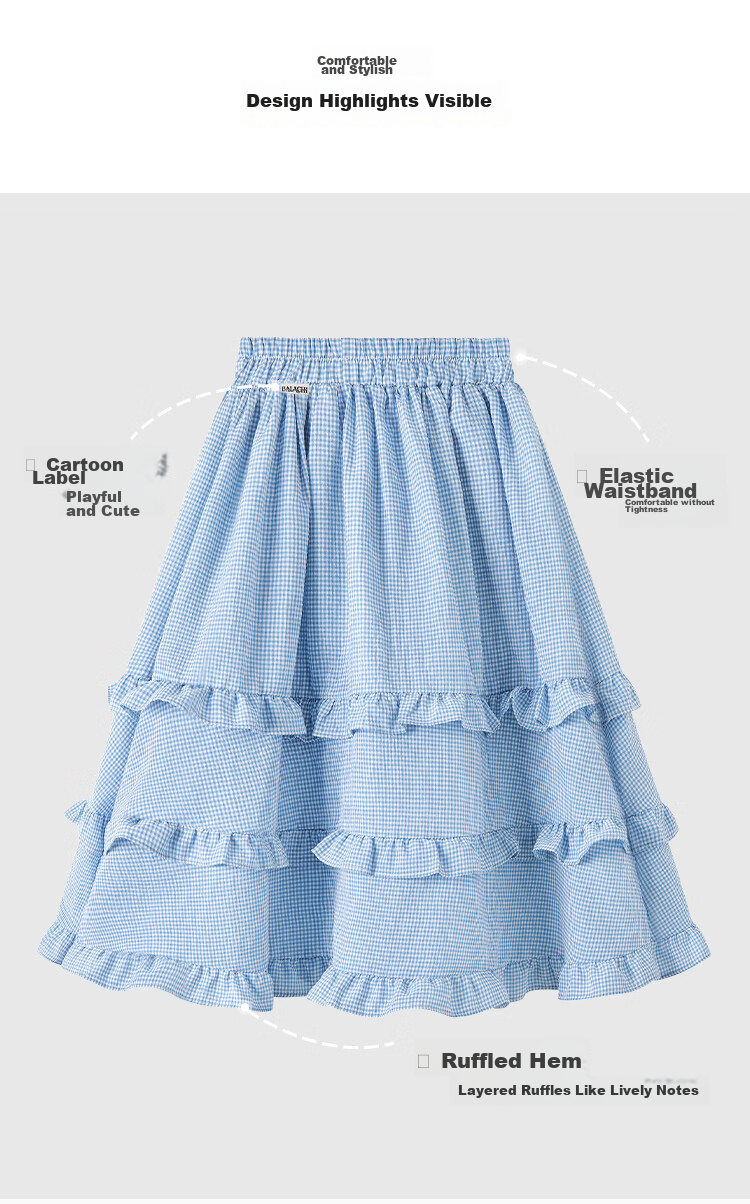 Balachi Girls Spring Summer Vacation Style Plaid Skirt Outdoor Casual Cake Skirt Pastoral Long Skirt 130 Blue 4