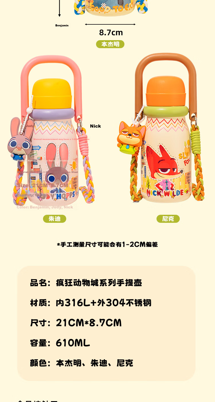 Wangbaifu Zootopia Kids Insulated Water Bottle for Ages 6-12, Food Grade Portable Kindergarten Student Cup 13