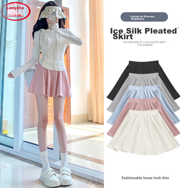 Langsha Ice Silk Pleated Skirt Women Summer 2026 New High Waist Slimming Ice Silk JK Skirt with Lining Anti-Exposure Short Skirt