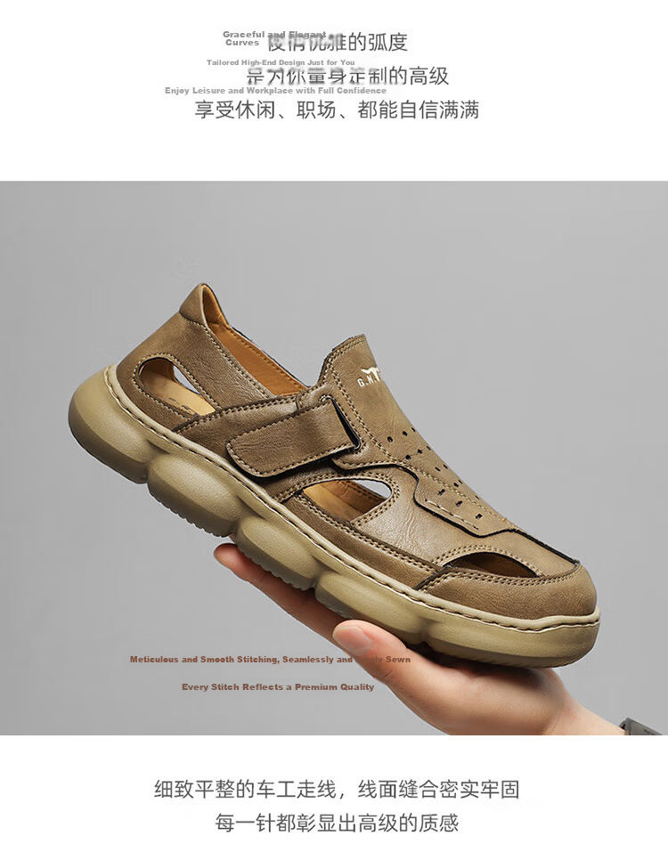 Bull Family Men's Sandals 2026 New Summer Breathable Hollow Out Beach Shoes Soft Leather Soft Sole Slippers for Men 12