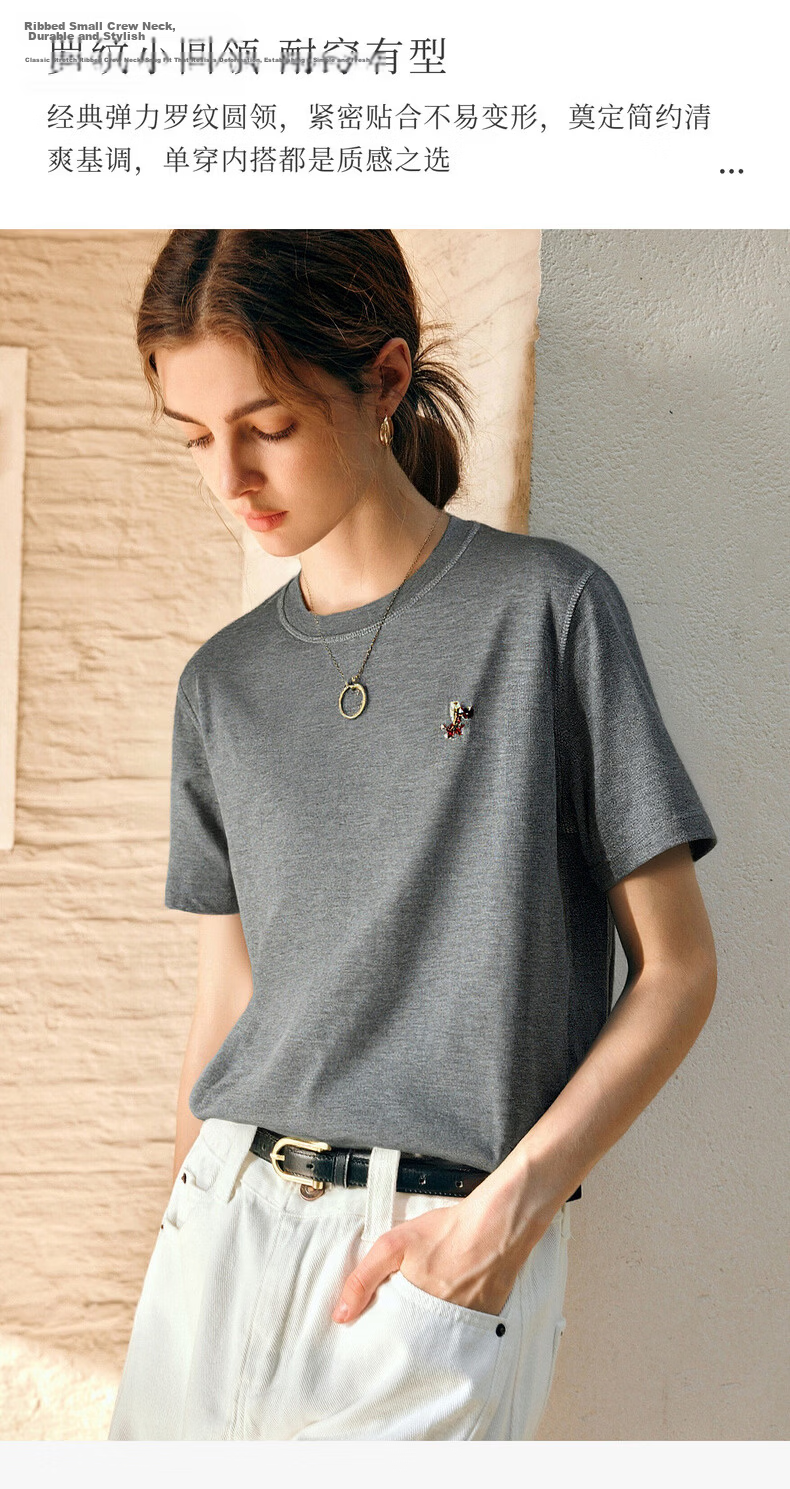 Olrain Eurail Summer New Round Neck Casual Fashion Versatile Embroidered Short Sleeve T-Shirt for Women Gray S 5