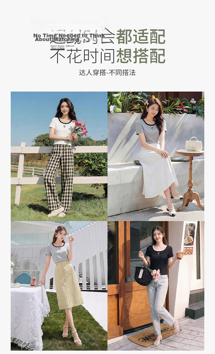 Shangdu Bila Colorblock U-Neck Cotton Blend T-Shirt Women Spring Bow Embroidery Stretch Knit Top Gentle Youthful Temperament Layering 5