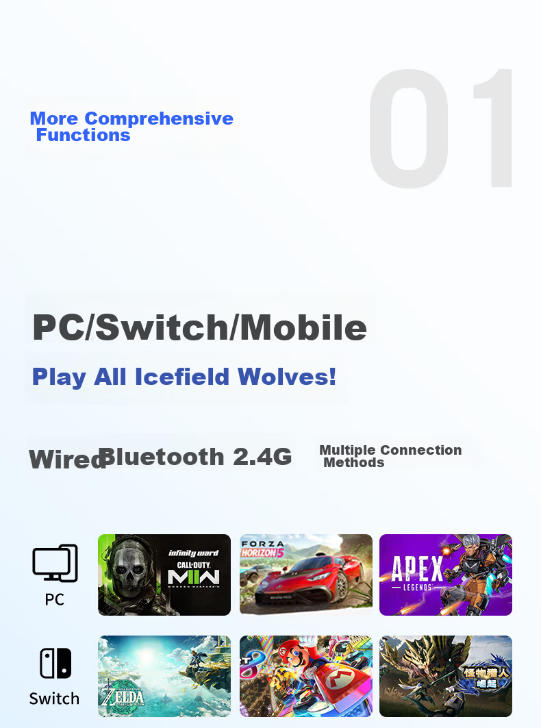 Flydigi Ice Origin Wolf 4 Multi-Mode Wireless Game Controller, Xbox-Like, Adjustable Joystick, Dual Triggers, Compatible with Switch, PC, Mobile, Steam, Motion Sensing NS, Rengwang 3 6