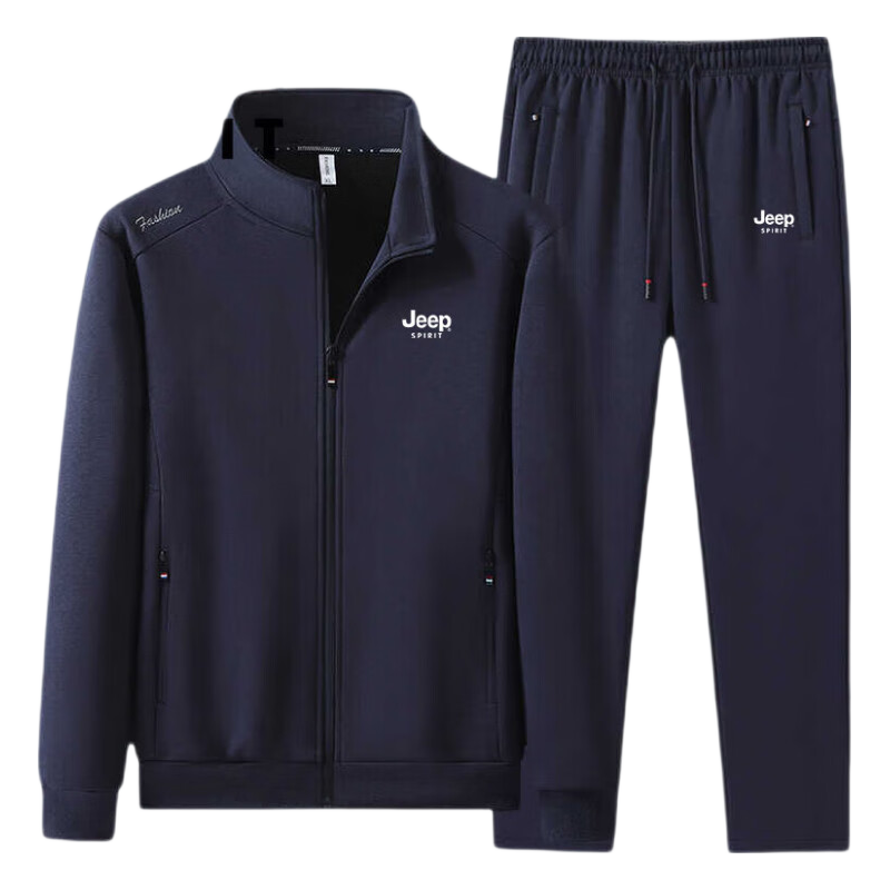 JEEP SPIRIT Men's Spring and Autumn Loose Casual Sports Jacket and Straight-Leg Pants Set, Dark Blue, 5XL