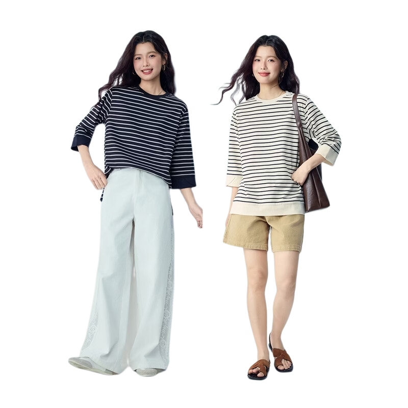 Giordano Women's T-Shirt 2026 Summer Cotton Striped Round Neck High-Low Hem 3/4 Sleeve Top 05326387