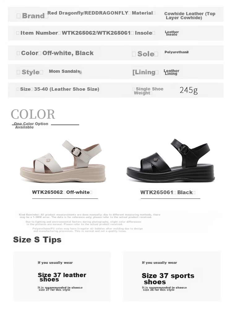 Red Dragonfly Women's Summer Sandals Soft Leather Sole Thick Non-Slip Beach Shoes for Middle-aged and Elderly WTK265061 Black Size 35 7