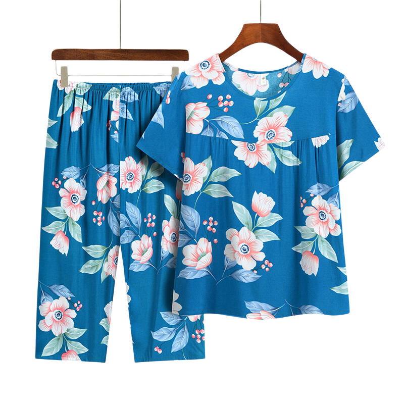 Fengxiao Grandma Summer New Set Cotton Silk Short Sleeve Two-Piece Suit Middle-Aged and Elderly Mom Clothes for 50-60 Years Old