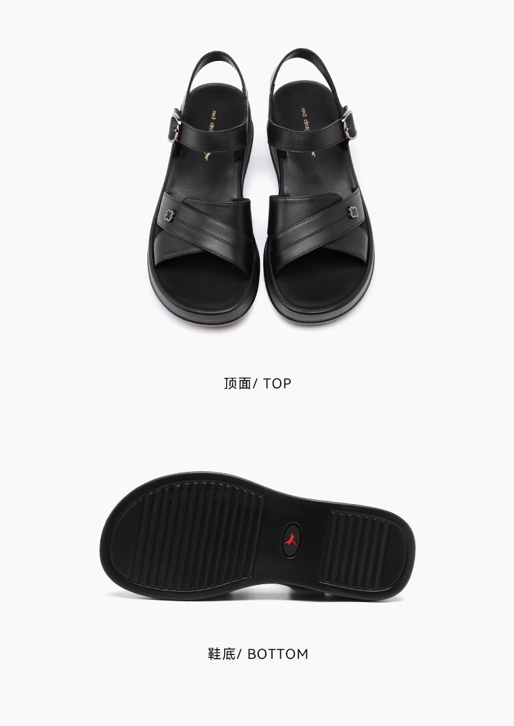 Red Dragonfly Women's Summer Sandals Thick Sole Cowhide Soft Sole Mom Shoes Middle-aged and Elderly Commuter Beach Shoes WTK265001 Black Size 37 13