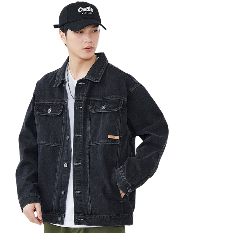 ROMON [Workwear Retro] Men's Jacket, Summer Turn-Down Collar, Loose-Fitting Trendy American Casual Denim Coat, Black And Gray, Size L