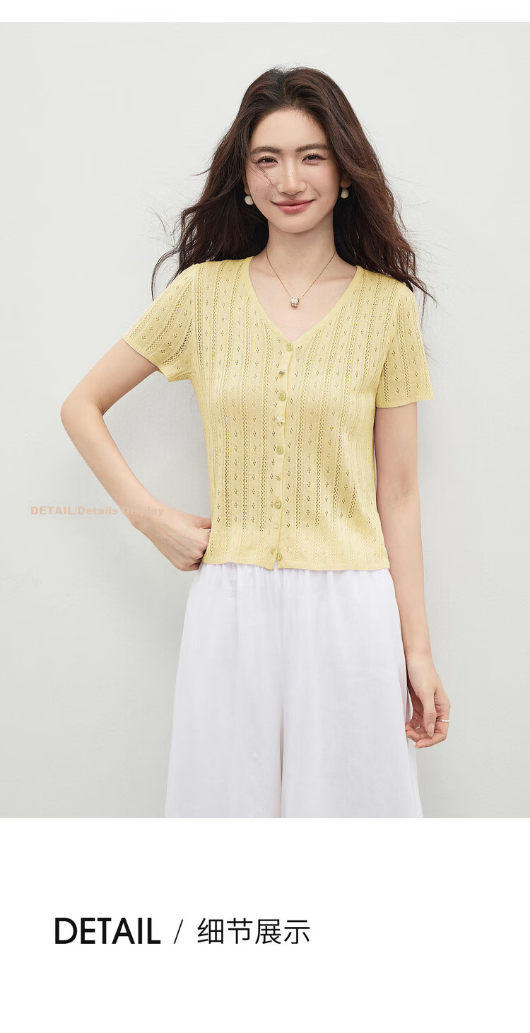 Shangdu Bira Linen Lyocell Knitwear Women Spring Summer Sweet Youthful V-Neck Hollow Texture Short Sleeve Cardigan Top 19