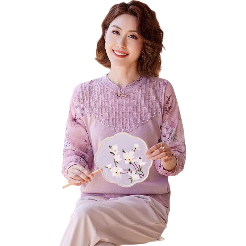 YUZHAOLIN Traditional Chinese Style 3/4 Sleeve T-Shirt for Middle-aged and Elderly Women, Grandma Top Y244T5825