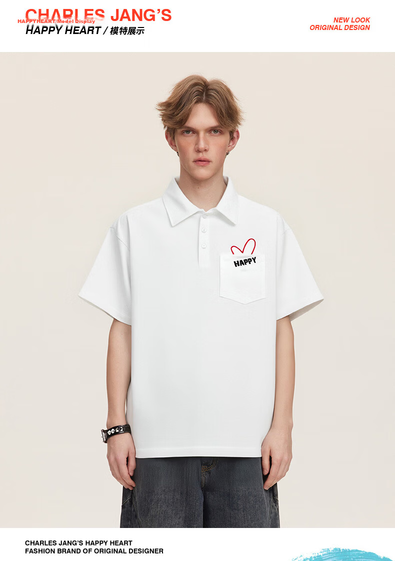 Charles Peach Heart Luxury Embroidered Couple Pure Cotton Short Sleeve Polo Shirt Summer Unisex Off-White S 6