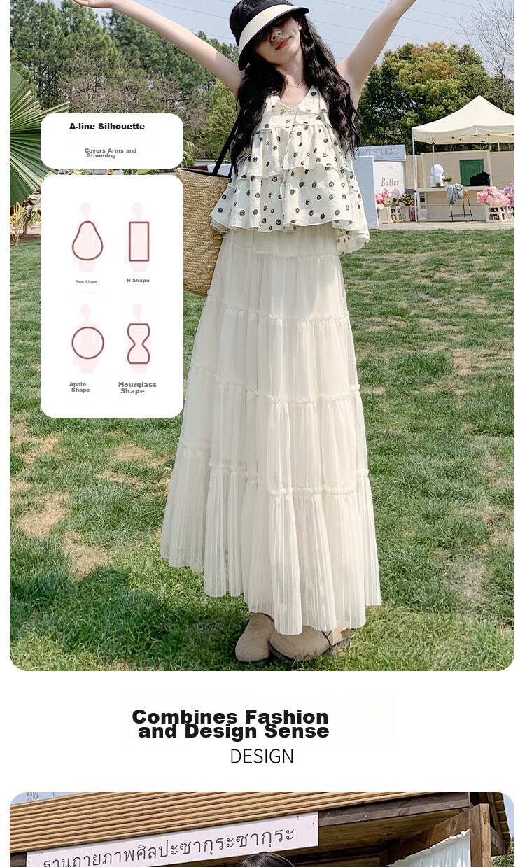 BOPRUIEY Ruffled Mesh Pleated Three-Layer Skirt Spring Summer High Waist Draped Flowy Fairy Long Dress Slimming Cake Skirt for Women 5