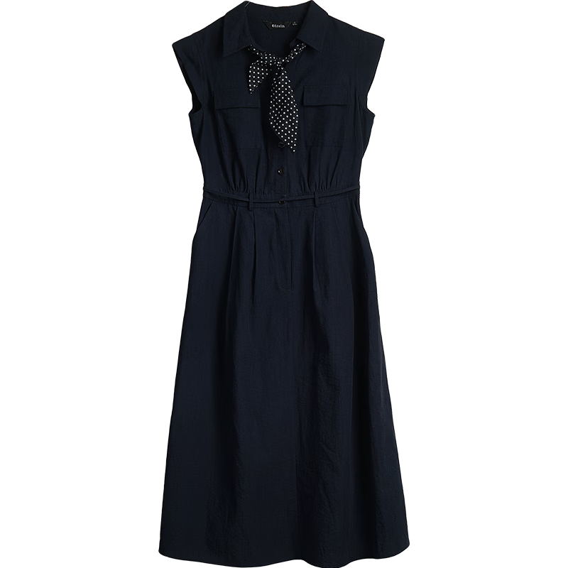 Olrain Eurier High Intelligence Style New Summer Polka Dot Scarf Design Lapel Slim Waist Dress Navy Blue M