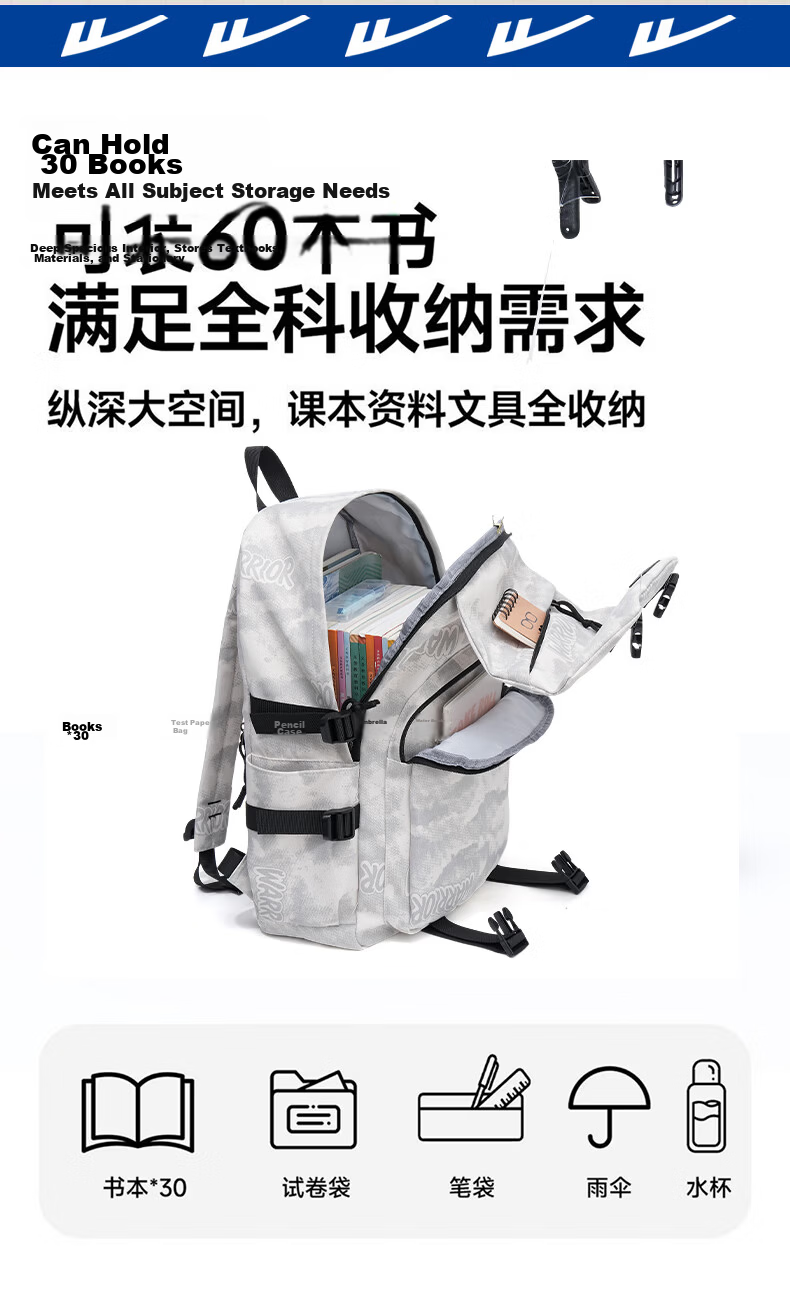Warrior Men's New Versatile Large Capacity Student Backpack Lightweight Simple Junior High and High School Girls' Shoulder Bag 9