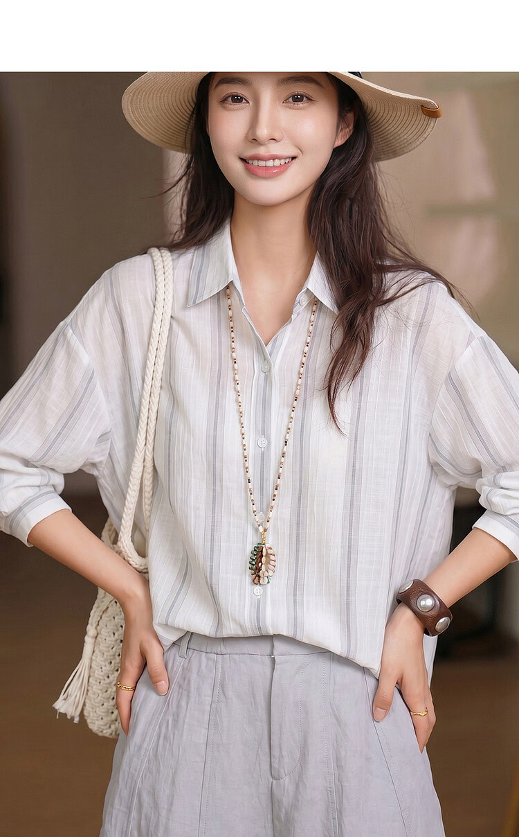 Dme [Lightweight Lyocell] Autumn Simple Style Striped Texture Lapel Long-Sleeve Loose Outer Wear Relaxed Women's Blouse 5