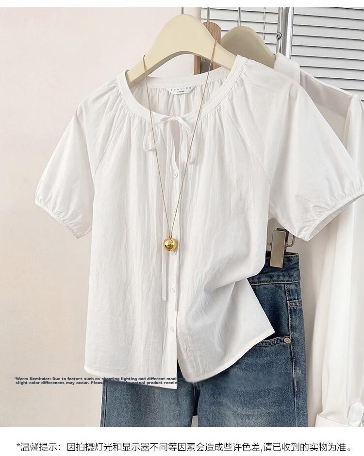 TonLion 2026 Summer New Women's Short Sleeve Shirt Round Neck Sweet Niche Design Puff Sleeve Beautiful Top 5