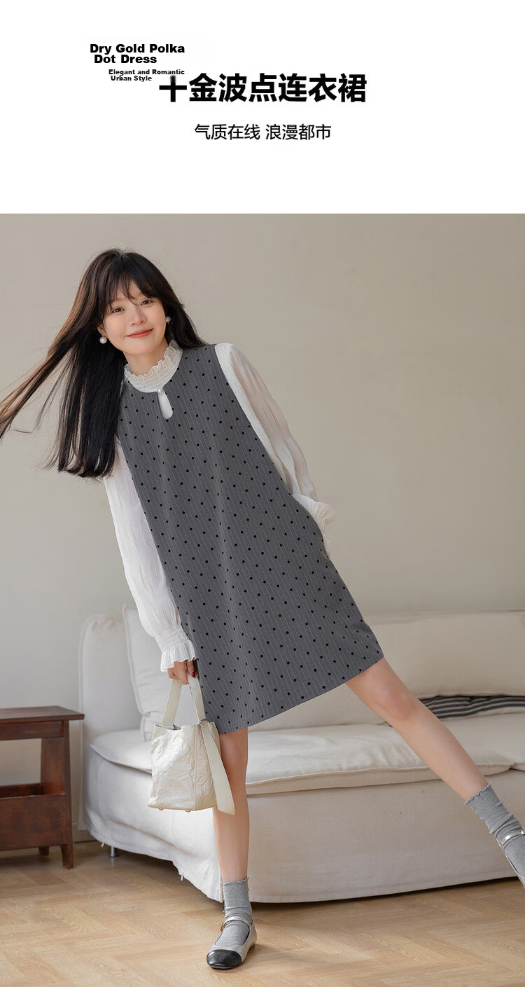 Mt Vintage Polka Dot Spring French Style Sleeveless Flocked Print Pearl Button Mid-Length Dress for Women 3